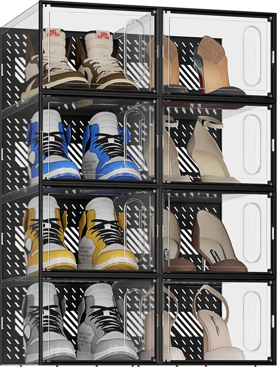 Schoenendozen, 8 stuks doorzichtige en stapelbare plastic schoenendozen met magnetische deur, traineropslag met deksel voor dames/heren, transparant zwart