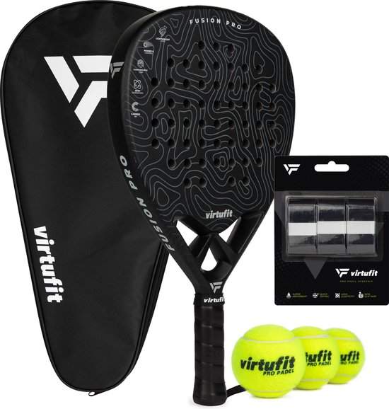 VirtuFit Fusion Pro Padel Set - Zwart / Grijs - Incl. Tas, 3 Ballen & Overgrips VirtuFit Fusion Pro Padel Set - Zwart / Grijs - Incl. Tas, 3 Ballen & Overgrips