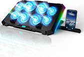 Laptop Cooler - Gaming Laptop Cooling Pad met 8 ventilatoren - Nieuwe 2023 - Gaming laptopkoeler + stabiele RGB laptopstandaard met ventilator + compatibel tot 17 inch + 2 USB-poorten + telefoonhouder