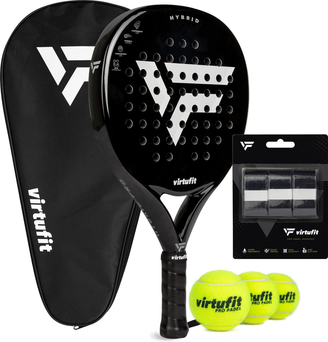 VirtuFit Hybrid Padel Set - Zwart / Zilver - Incl. Tas, 3 Ballen & Overgrips