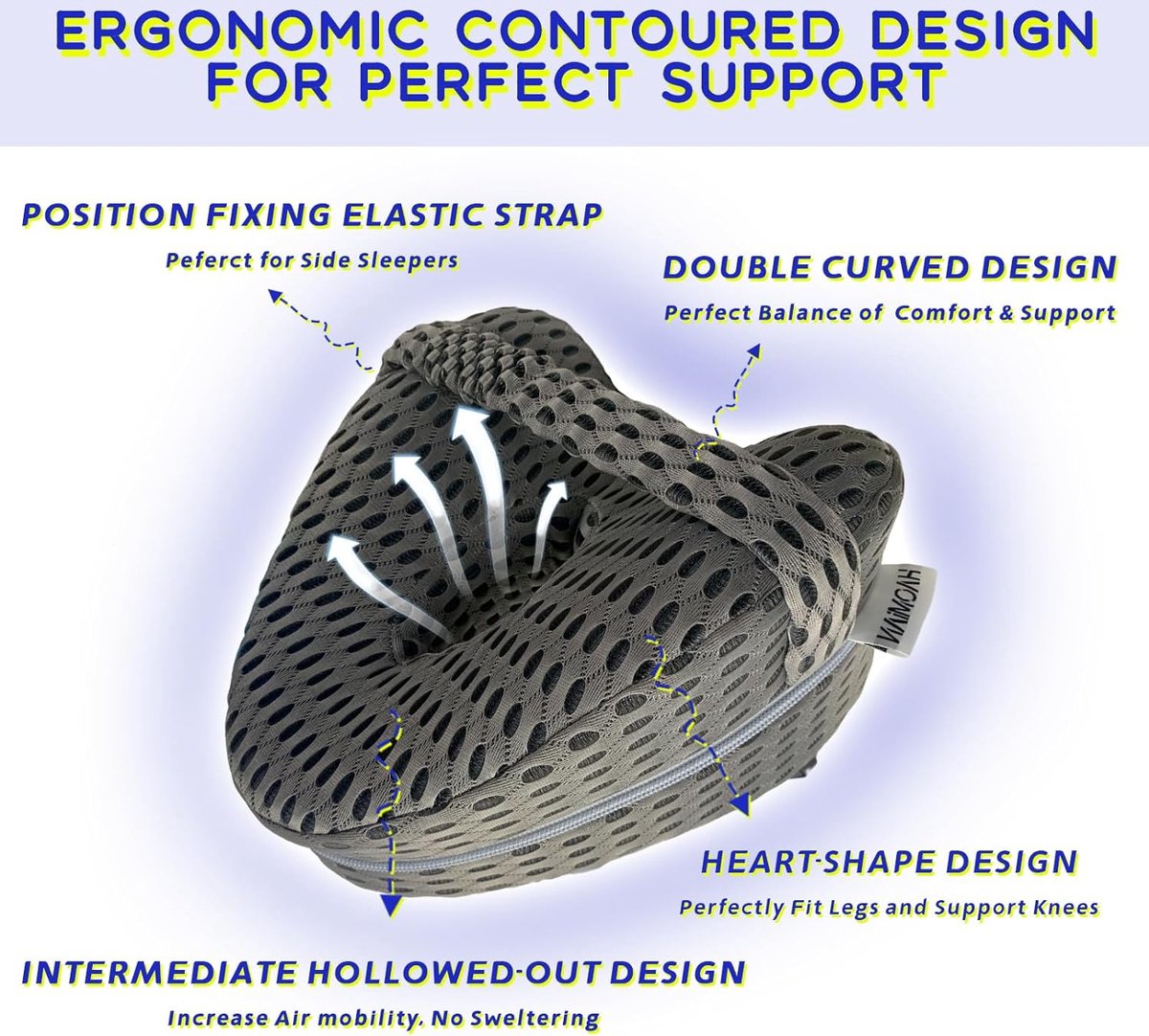 Kniekussen voor zijslapers I Orthopedisch beenkussen voor slapen zonder pijn I Ergonomisch positioneringskussen van visco-elastisch traagschuim I Ademende hoes, wasbaar I 23,5x9,5 cm