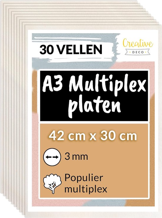 Verpakking van 30 A3 multiplexplaten, 42 cm x 30 cm, 3 mm dik populierenmultiplex.