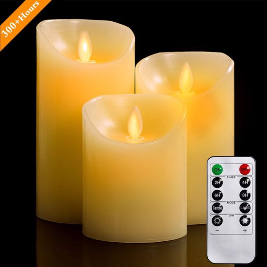 Vlamloze Kaarsen Set van 3 Echte Wax met Dansende LED Vlammen - Afstandsbediening - Timer - 300+ Uren - 4/5/6inch