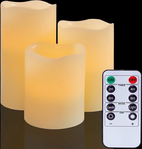 Vlamloze LED Kaarsen: Echte Wax Pijler met Afstandsbediening Flickering Nep Lichten voor Decoratie Kerst Bruiloft Verjaardagsfeestje Outdoor Votive Diwali Tuin (Set van 3 Ivoor)