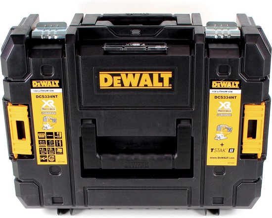 Zwarte DeWalt TSTAK opbergkoffer met gele details.