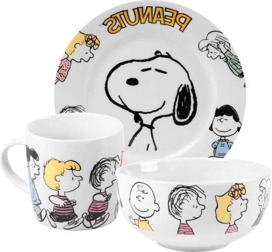 Foto: Ontbijtset snoopy family 3 delige servies set van porselein in wit borden set