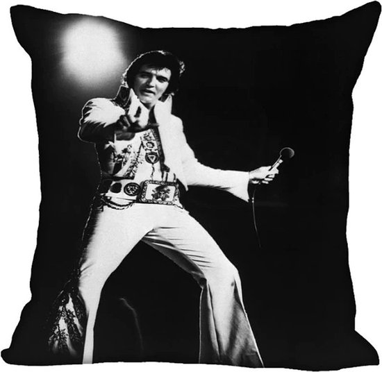 Allernieuwste® Kussen Elvis Presley The King 3 - Kussenhoes Katoen Linnen - Kussenovertrek Zwart Wit 45 x 45 cm