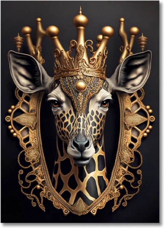 Allernieuwste.nl® Canvas Schilderij Gouden Giraffe Koning - Modern - Kunst aan je muur - 50 x 70 cm - Zwart/Goud