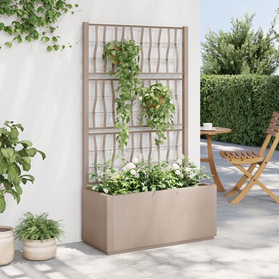 Jardinière avec cadre grimpant LBB - Résistant aux intempéries - Bac à fleurs - Avec treillis - Extérieur - polypropylène - Support à plantes - Rectangulaire - 80 Litres - Marron clair