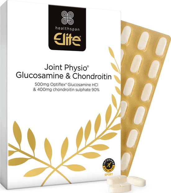 Doosje Healthspan Elite Joint Physio Glucosamine & Chondroïtine met gouden takken. Naast het doosje liggen een strip met pillen en losse pillen.