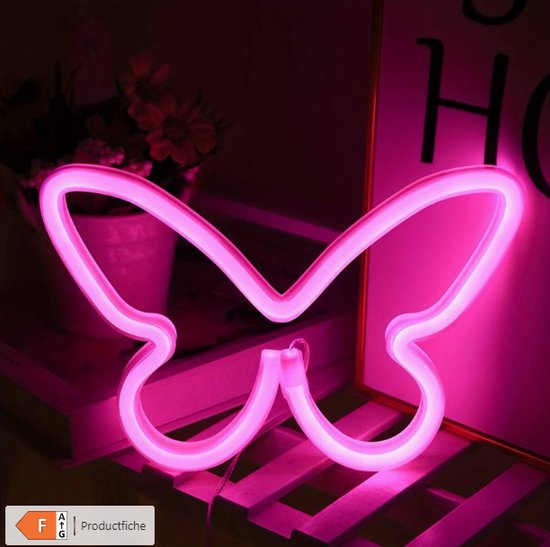 Neon Lamp - Vlinder - Roze - 22x15cm- Excl. 3 AA batterijen - Neon Verlichting - Wandlamp