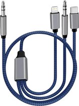 3-in-1 3.5mm Jack Audio Kabel - 3.5mm/USB Type-C/8-pins - 1.2 meter - Blauw