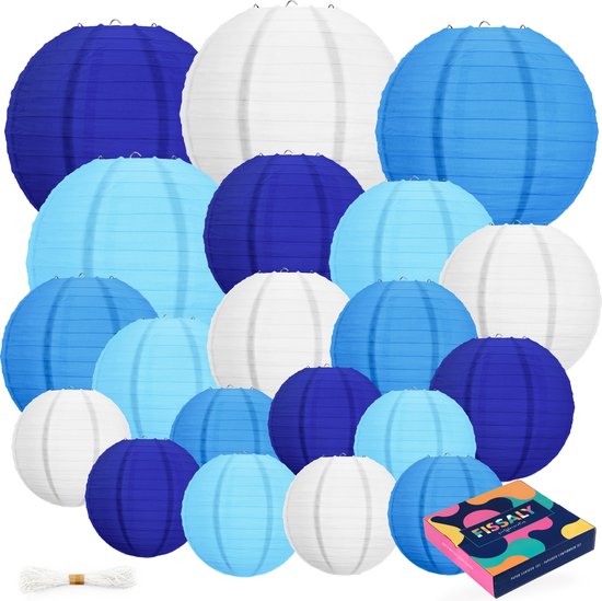 Fissaly 20 Stuks Lampionnen Set Versiering Blauw & Wit – Feest Decoratie – Verjaardag, Babyshower & Gender Reveal - Papier