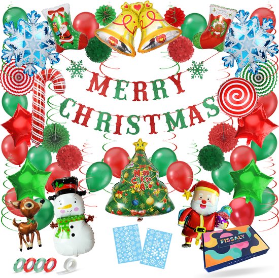 Foto: Fissaly kerst versiering decoratie pakket kerstmis kerstboom kerstman kerstdecoratie voor binnen ballonnen groen rood incl sneeuwvlok stickers