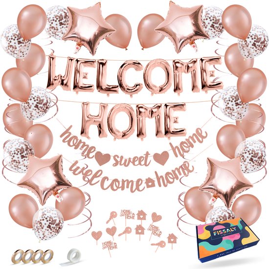 Fissaly Welkom Thuis Rose Goud Versiering – Welcome Home Decoratie - Suprise Party – Inclusief Ballonnen, Slingers, Vlaggenlijn, Caketoppers & Accessoires