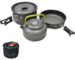 JZK camping kookgereiset, 2 - 3 personen, opvouwbare camping pannenset, steelpan, pan, theepot voor buiten, picknicken, kamperen en wandelvakanties
