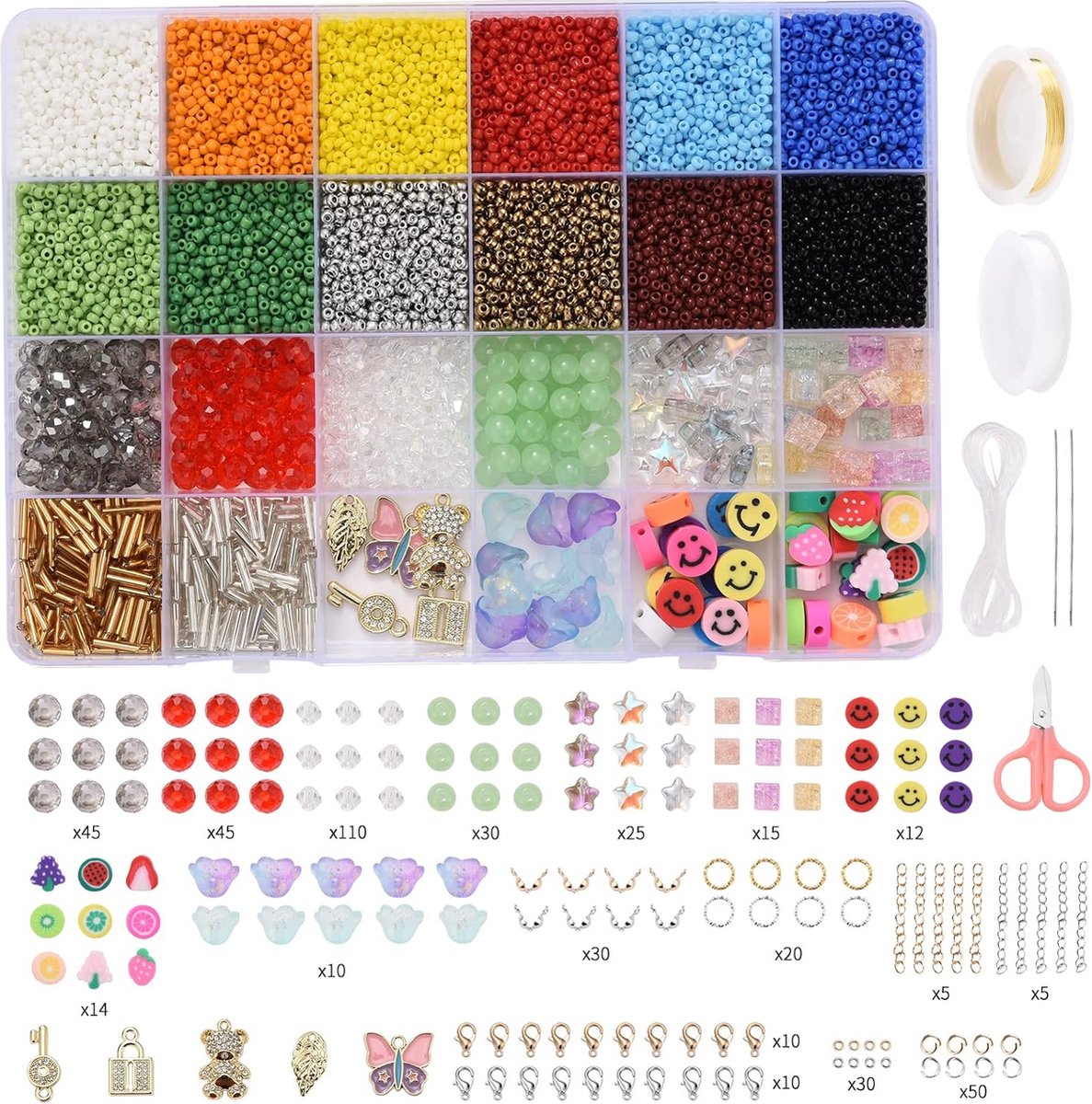 Kralenset, 35.000 stuks om te rijgen, 2 mm, kleurrijke glazen kralenset om armbanden, sieraden en kettingen zelf te maken, set, glazen kralen met kristallen kralen, cadeau-idee