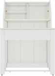 Witte opbergkast met meerdere planken en een open vak, met een strak en modern design. Perfect als aanvulling op uw eettafel.