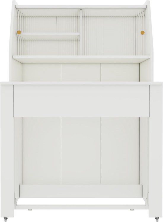 Witte opbergkast met meerdere planken en een open vak, met een strak en modern design. Perfect als aanvulling op uw eettafel.
