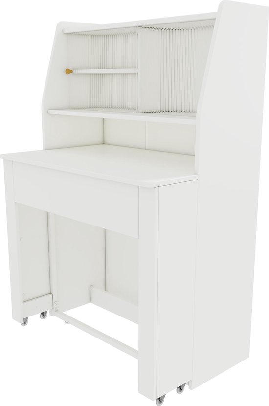 Witte tafel met opbergkast en open planken, met wieltjes aan de voorzijde.