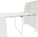 Uitzicht op de uittrekbare witte tafel, gedeeltelijk uitgeschoven, met metalen steunpoot.
