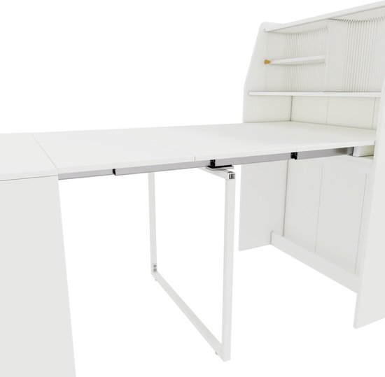 Uitzicht op de uittrekbare witte tafel, gedeeltelijk uitgeschoven, met metalen steunpoot.