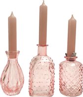Cactula helemaal leuk deze glazen roze getint gekleurde flesjes / kandelaren met bijpassende kaarsen set van 3 |