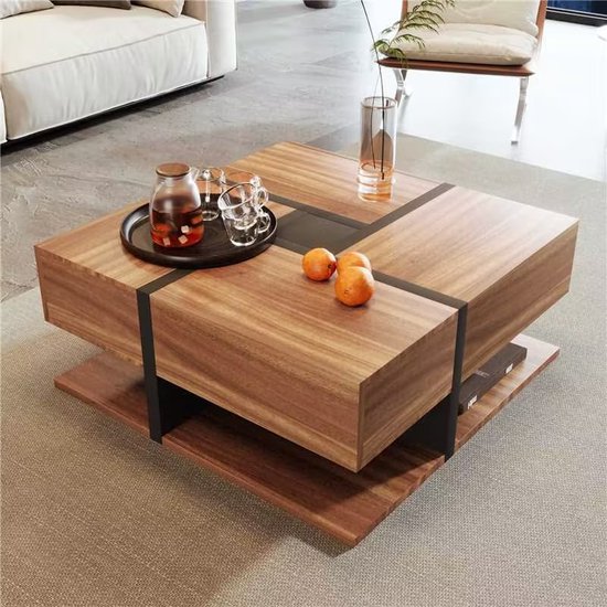 Sweiko Salontafel, tafel met 4-laden, unieke kleur matching en lijn ontwerp, opbergruimte aan de onderkant, 78*78*36cm. Verzending in 2 afzonderlijke pakketten, Installatie vereist
