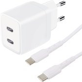 USB C Adapter - Snellader Geschikt voor Samsung Telefoon en Tablet - USB C naar USB C Kabel - 1 Meter - Oplaadkabel - PVC Materiaal - GaN Oplader - Dubbele USB C Poorten - 45W Vermogen - Incl. USB C Kabel - Stekkerblok - Wit