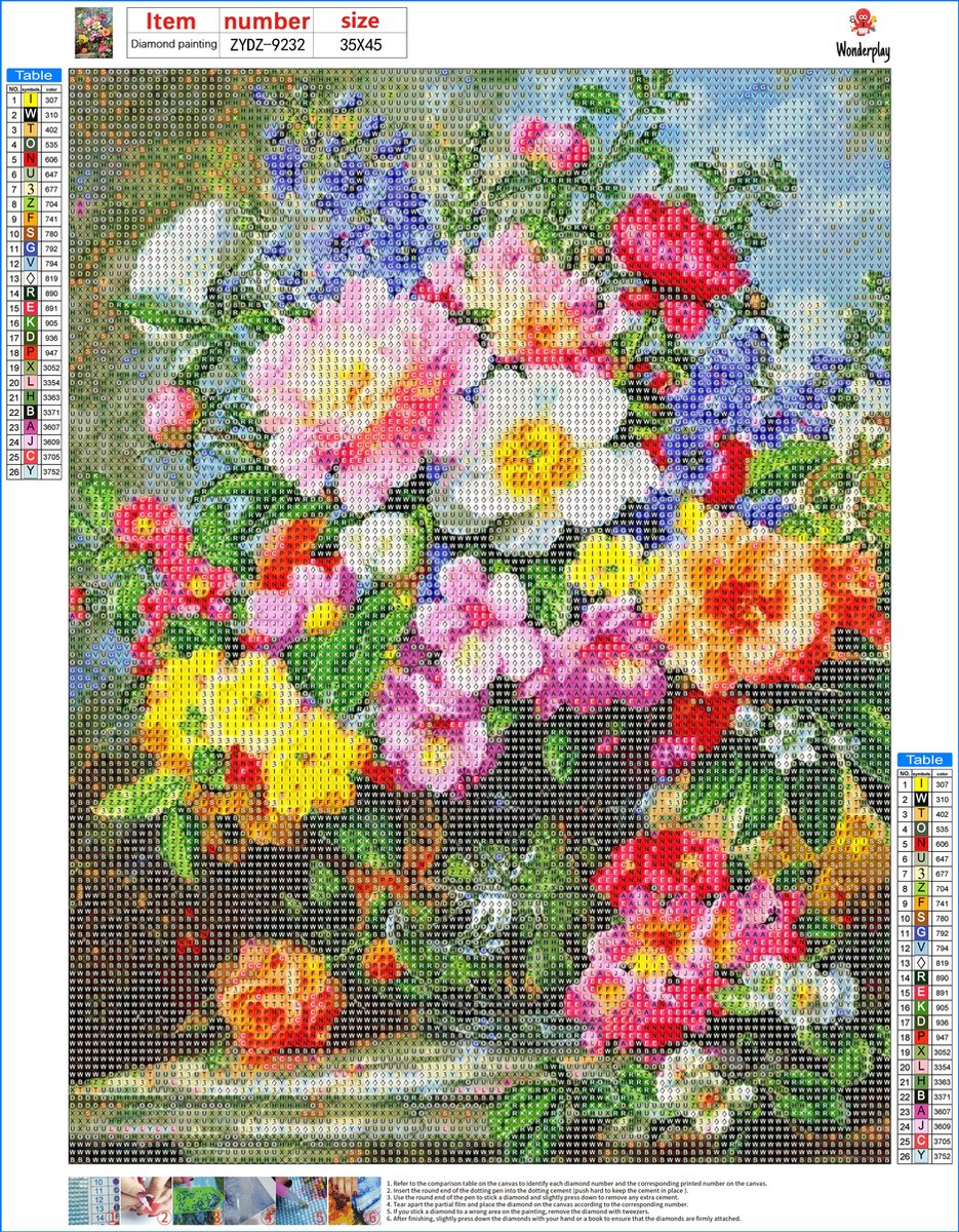 Wonderplay - Diamond painting - Diamond painting volwassenen - Diamond painting pakket volledig - bloemen in vaas - 40x30cm - ronde steentjes — afbeelding 2