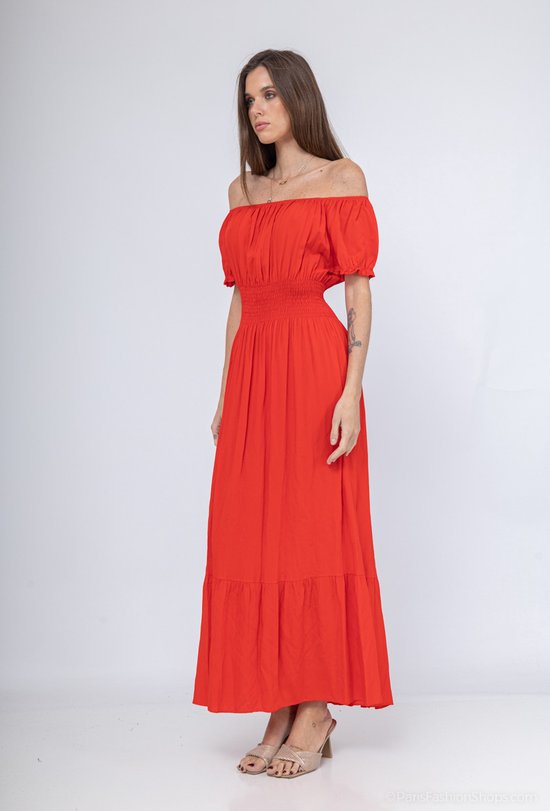 Lange dames jurk Bodine effen motief rood Maat S/M strandjurk