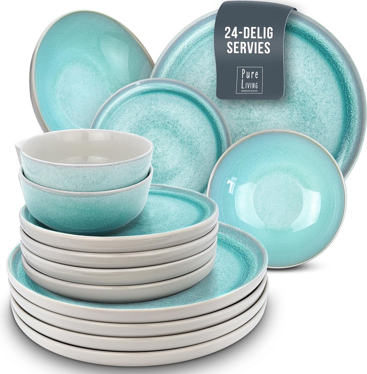 Steengoed Serviesset voor 6 Personen Ibiza 24-delig Mediterraans Servies Vaatwasser- Magnetron- en Krasbestendig Pure Living Eetgerei licht turkoois