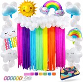 Fissaly 79 Stuks Regenboog Wolken Decoratie Set – Feest Versiering met Ballonnen & Crepe Papier Slingers – Feestdecoratie Verjaardag & Themafeest