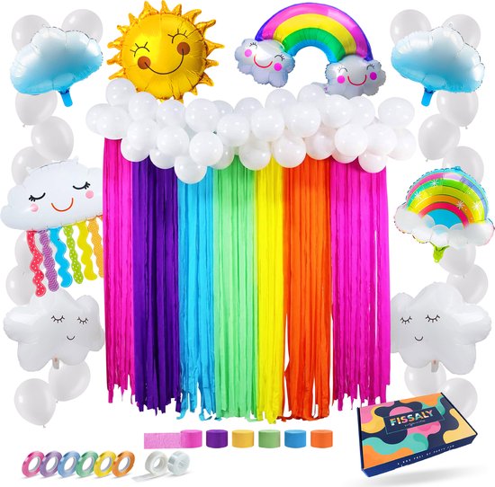 Set de décoration de fête Fissaly avec arc-en-ciel, soleil, nuages, guirlandes en papier et accessoires, dans une boîte colorée.