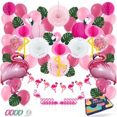 Fissaly 72 Stuks Tropische Flamingo Feest Decoratie – Roze Ballonnen – Honeycomb Versiering – Hawaii & tropical