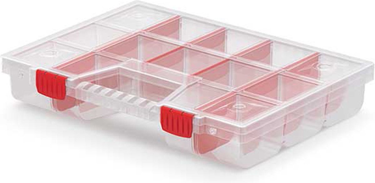 Kistenberg Sorteerbox/vakjes koffer - spijkers/schroeven/kleine spullen - 12 vaks - kunststof - transparant - 39 x 29 x 6.5 cm
