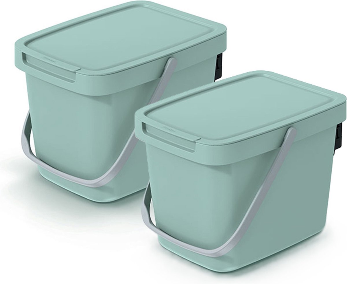 Goedkoopste Keden GFT aanrecht afvalbak - 2x - mintgroen - 6L - afsluitbaar - 20 x 26 x 20 cm - klepje/hengsel - kleine prullenbakken - afval scheiden