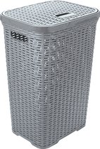 Hega Hogar Wasmand met deksel Rotan - zilvergrijs - gevlochten kunststof - 60 liter - 34 x 43 x 62 cm