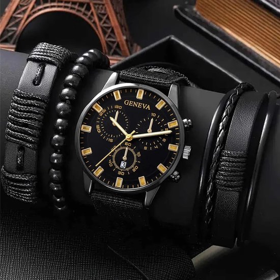 Geschenkset heren zwart goudkleurige wijzerplaat - Horloge - Armbandjes - Mannen - Cadeau - Set - Verjaardag-kerstcadeau - sinterklaas cadeau Valentijn cadeau
