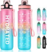 Drinking Bottle BPA-Free 1 Litre with Straw and Time Markers - 1000ml Water Bottle for Cycling, Camping, Yoga, Gym - Children Friendly - Suitable for Carbonated Drinks