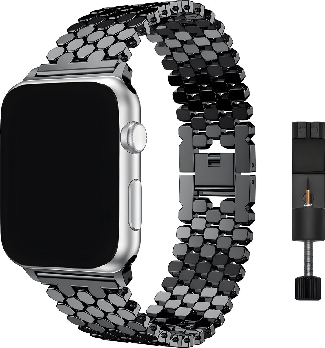 Innerlight® Hexagon+ - Zwart - 42/44/45/46/49mm - Metalen bandje geschikt voor Apple Watch - Schakel Armband RVS - Stainless Steel Watch Band - Geschikt als Apple Watch bandje voor Series 1/2/3/4/5/6/7/8/9/10 42mm/11 42mm/SE