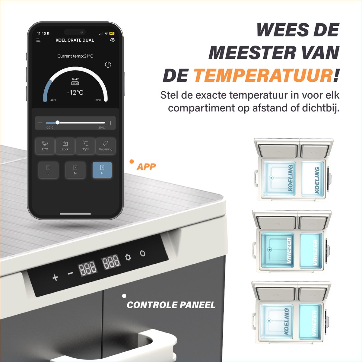 KOEL Crate Dual 30L - Elektrische Compressor Koelbox met App-bediening - 12V Auto Accu en 220V/230 Volt - Dual Zone Frigobox voor Camping - Koelkast & Vriezer tot -20°C – foto 3