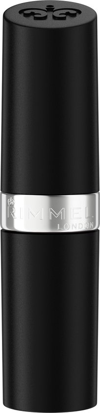 Gesloten Rimmel London lippenstift met matzwarte huls en zilveren band.