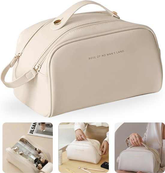Stijlvolle toilettas dames - Beige - Make up tasje - Groot - Dubbele rits - 26*16*16cm