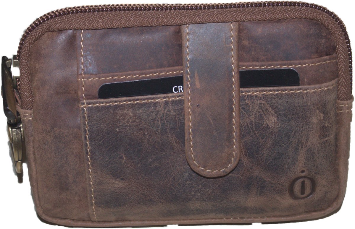 Oi Hunter bruine leren etui en pasjeshouder / ruim sleutelbeursje met ruimte voor contanten / reis portemonneetje met rits / flinke reisetui met bevestigingshaakje / bruin Hunter leer / 515H