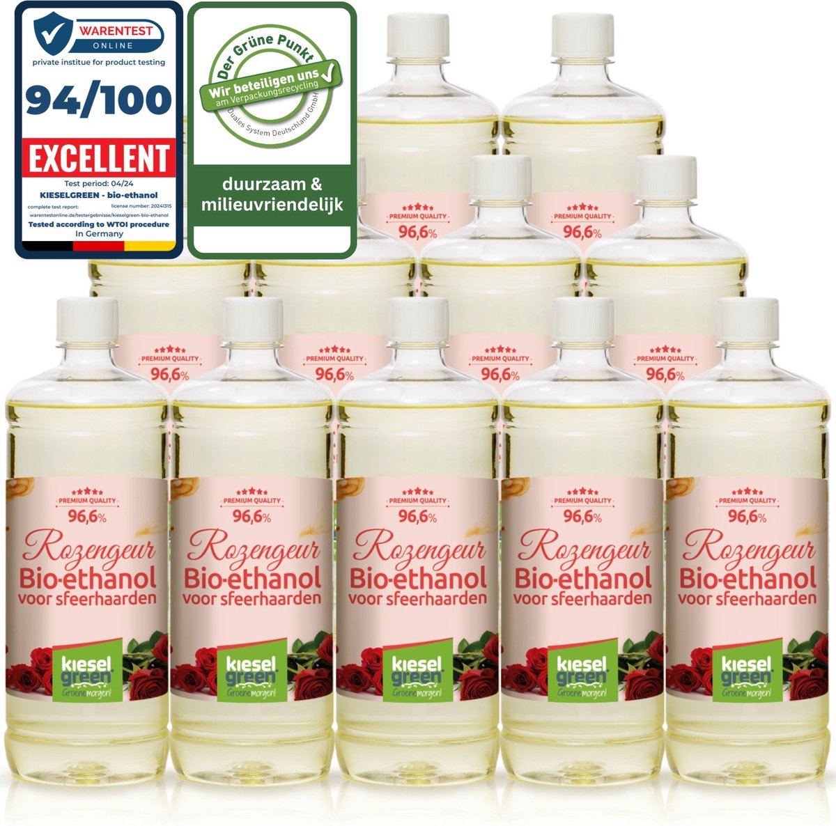 KieselGreen 12 Liter Bio-Ethanol met Rozen Aroma - Bioethanol 96.6%, Veilig voor Sfeerhaarden en Tafelhaarden, Milieuvriendelijk - Premium Kwaliteit Ethanol voor Binnen en Buiten