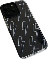 iPhone 15 Pro Max - Blue White Lightning Case - Shockproof - Zwarte Bumper - Doorzichtige Back Cover - Bliksemschicht Patroon Hoesje