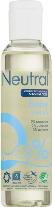 Flesje Neutral Baby Huidolie met tekst: 0% parabenen, 0% kleurstoffen, 0% parfum. Met eco-logo's.