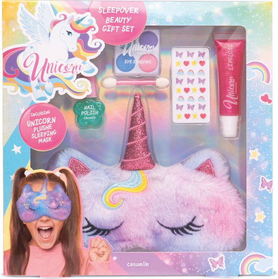 Foto: Unicorn make up slaapmaskerset geschenk meisjes cadeau pluche unicorn slaapmasker oogschaduw compact geurende nagellak op waterbasis dubbele sponsapplicator lipgloss in tube nagelstickervelletje 70 x 35 mm 