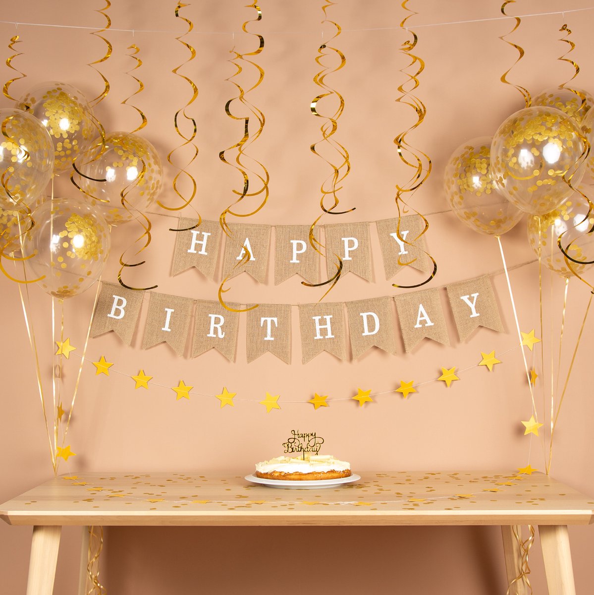 Fissaly Verjaardag Jute Slinger met Papieren Gouden Confetti Ballonnen – Decoratie – Happy Birthday - Letterslinger — afbeelding 3